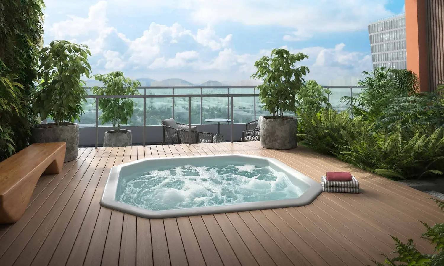 Landscaped Jacuzzi deck at the elevated Oasis amenity level