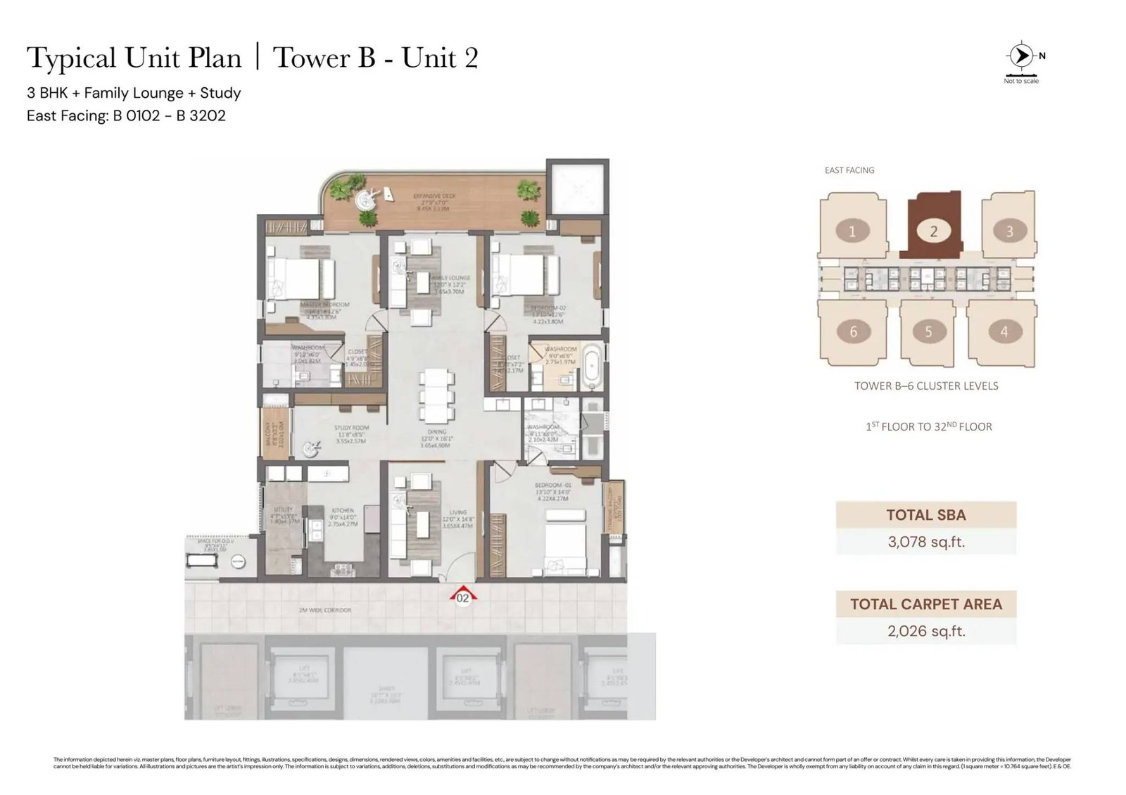 Representative 3 BHK plus family lounge and study plan in Tower B