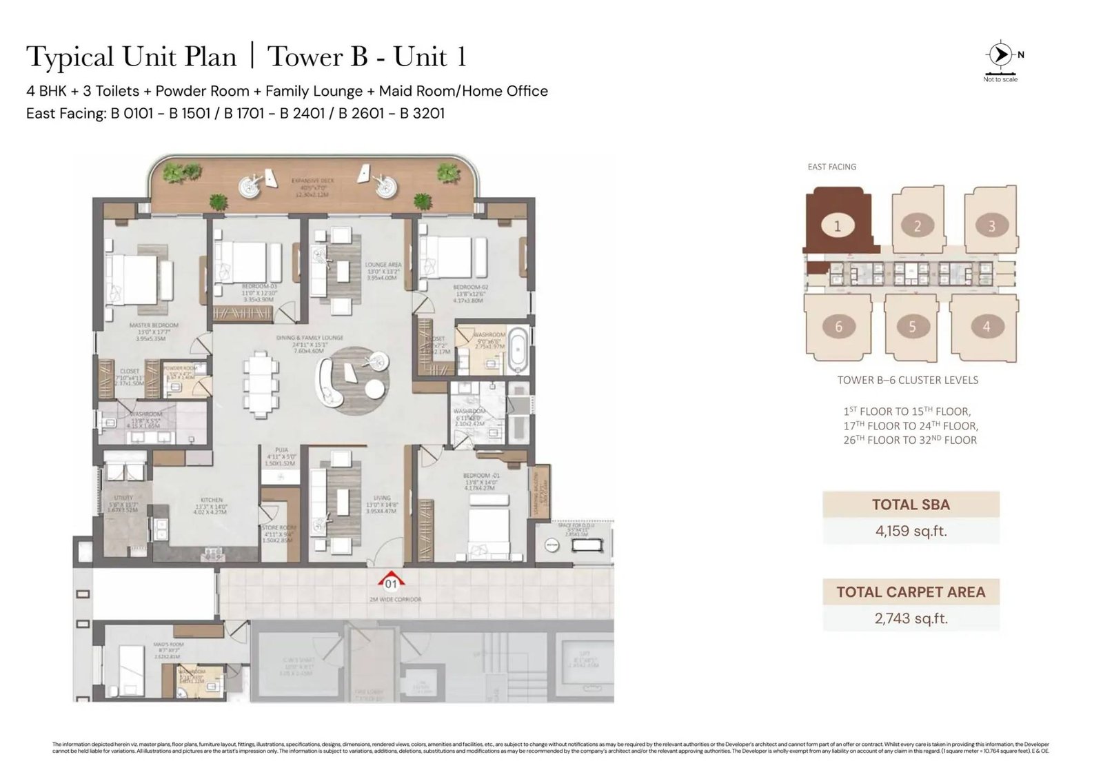 Representative 4 BHK plus family lounge and maid room plan in Tower B