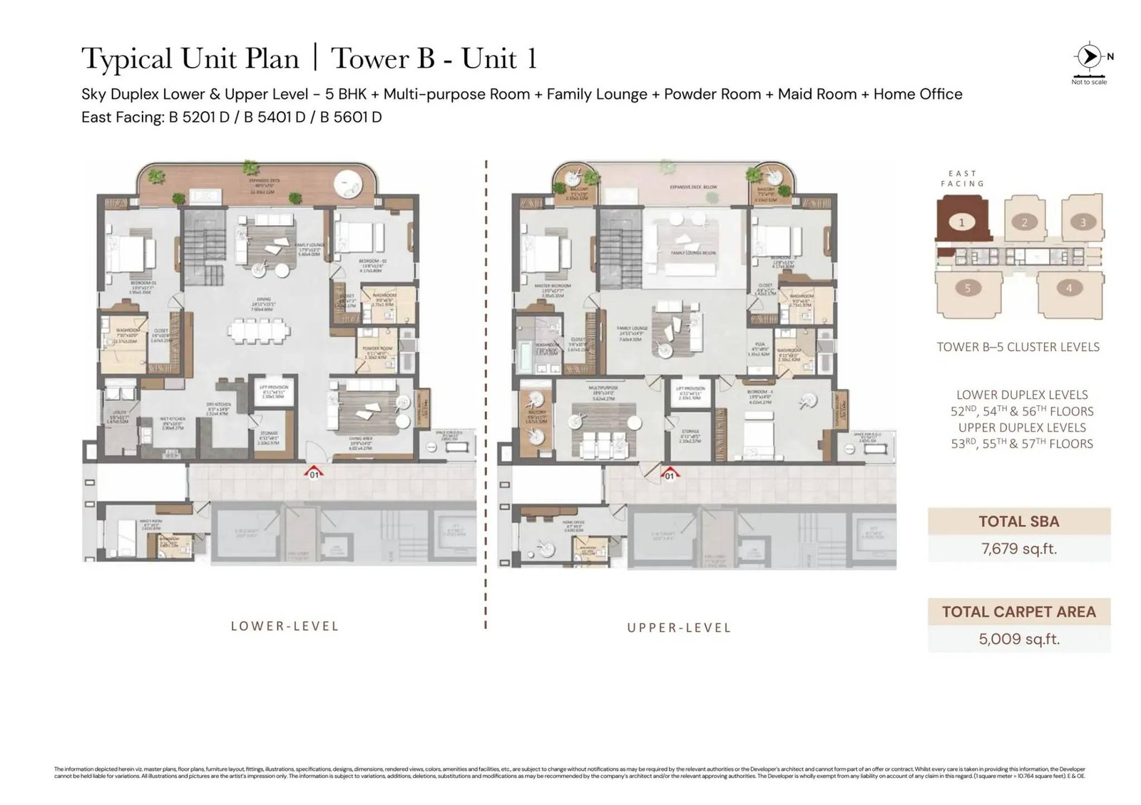 Representative two-level 5 BHK Sky Duplex plan in Tower B