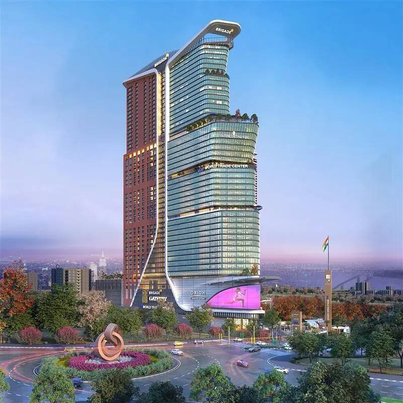 Daytime architectural render of Brigade Gateway towers
