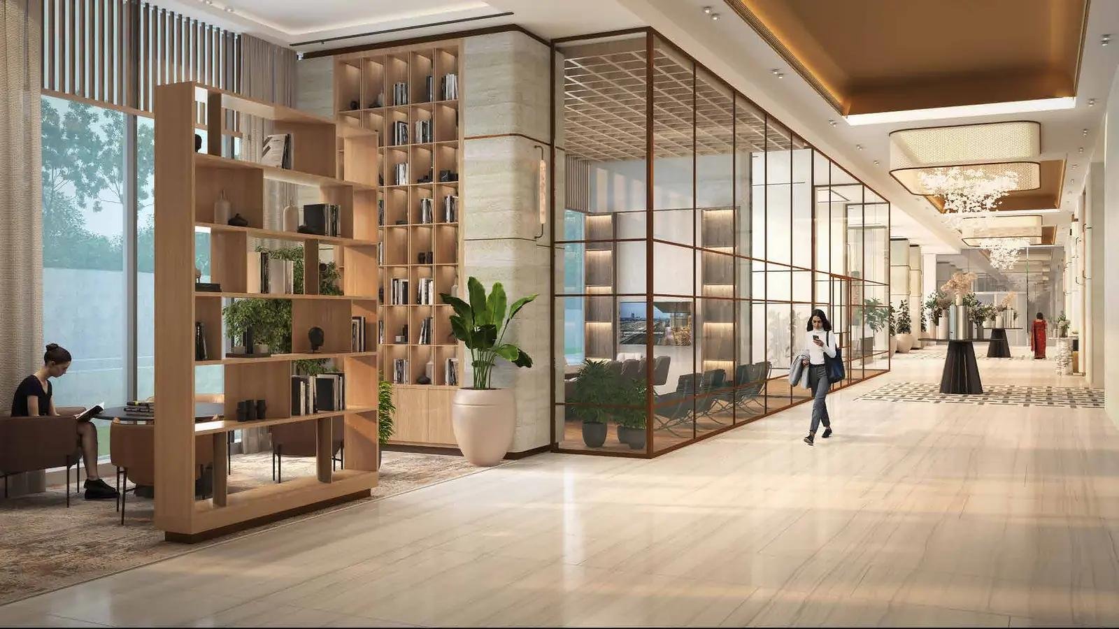 Bright library and lounge space in the residential lobby