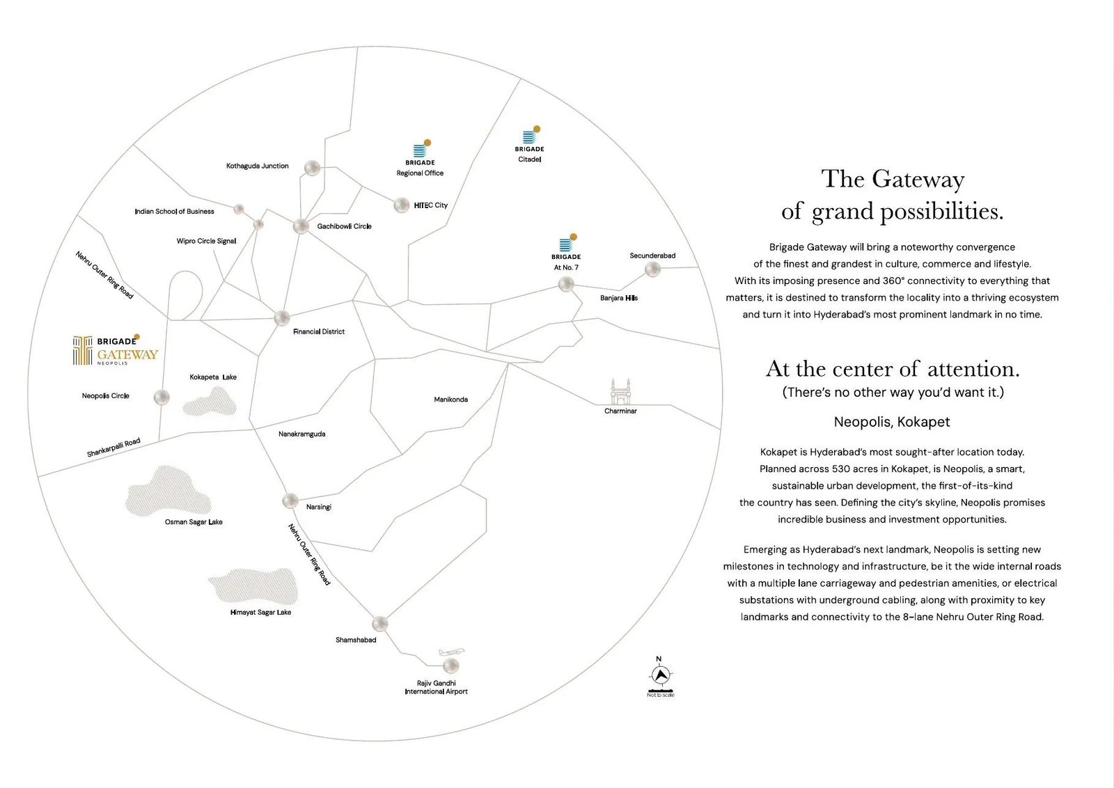 Brochure location map showing Brigade Gateway in relation to Hyderabad business districts, airport and city landmarks