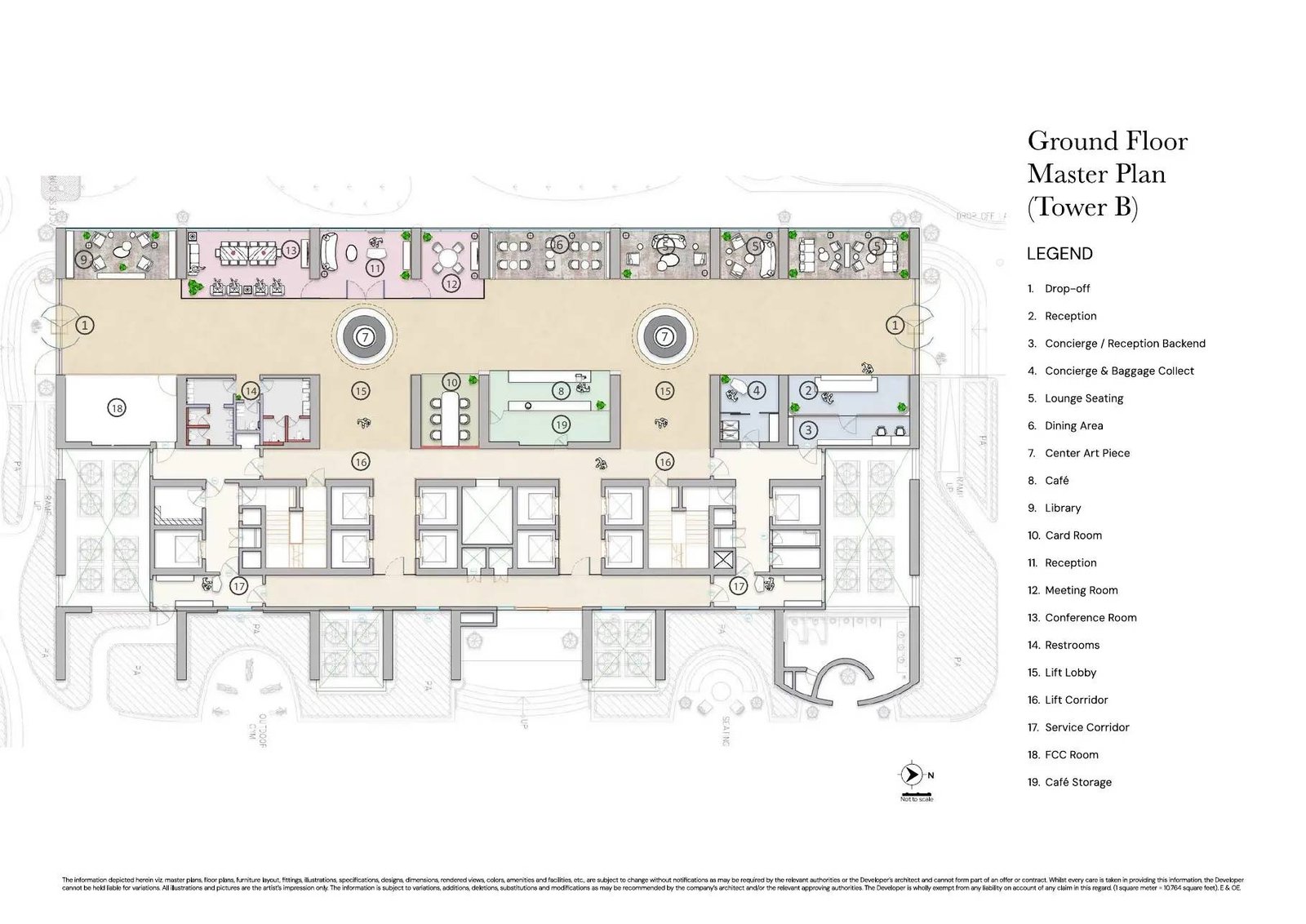 Tower B ground-floor master plan with reception, concierge, lounge, cafe, library and meeting areas