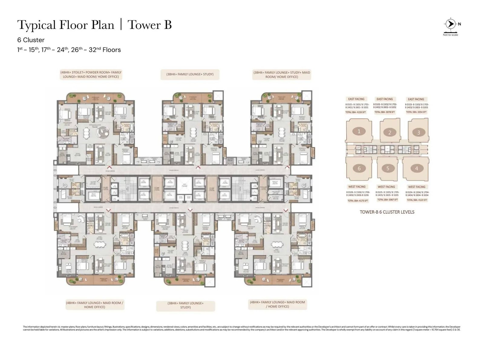 Typical six-home cluster floor plan for Tower B