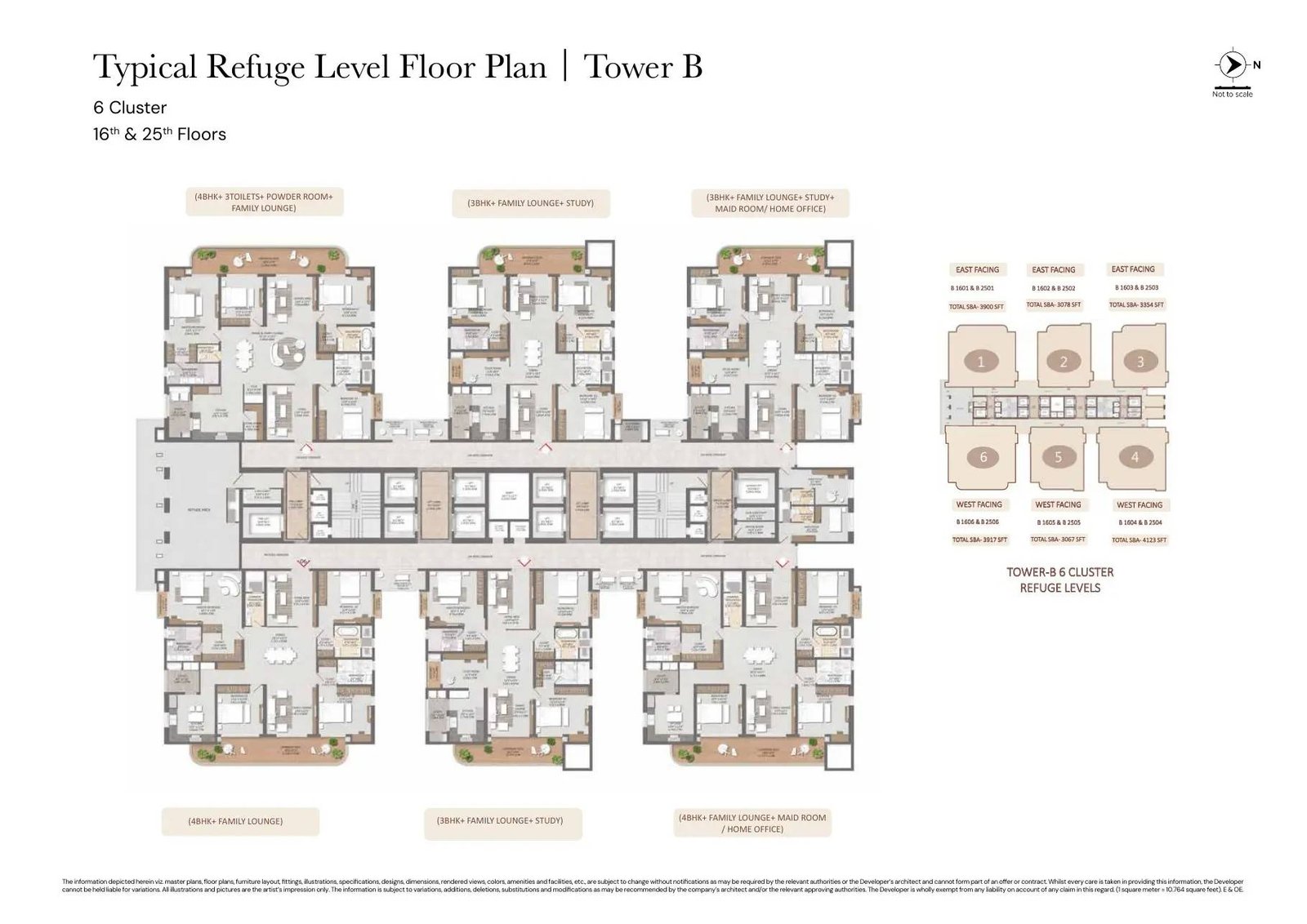 Five-home cluster refuge-level floor plan for Tower B on the 42nd and 51st floors